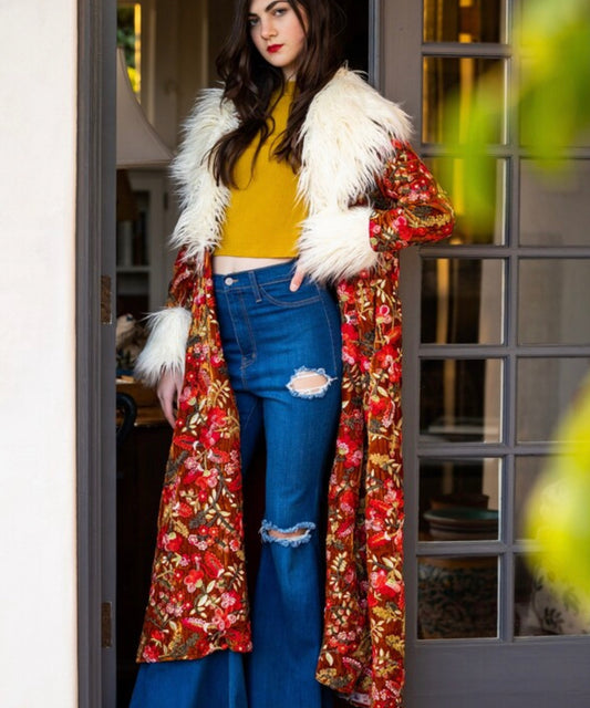 Penny Fresa Embroidered Silk Velvet Faux Fur Coat by Jennafer Grace