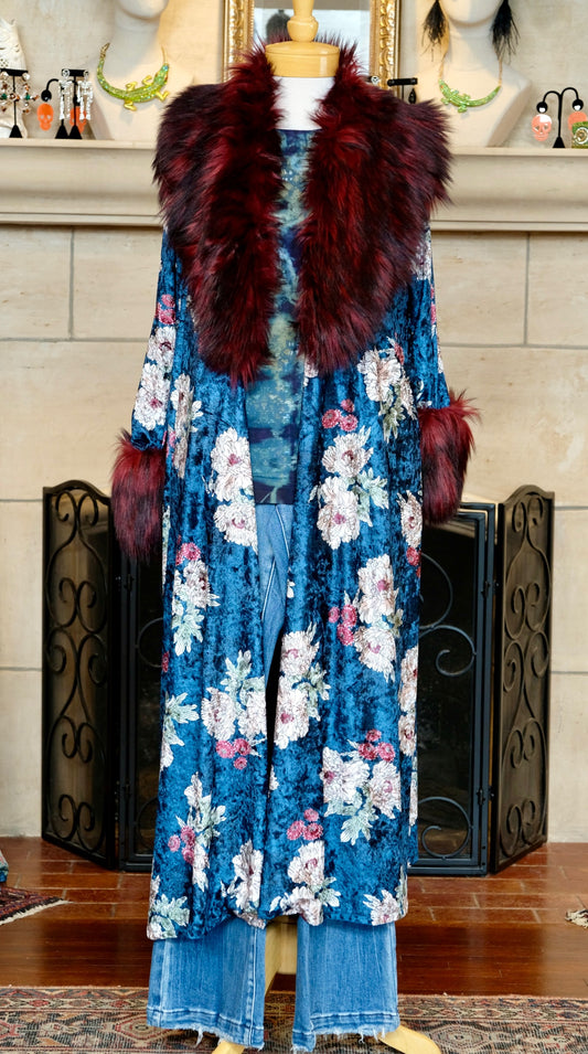 Penny Teal Blossom Faux Fur Jacket by Jennafer Grace