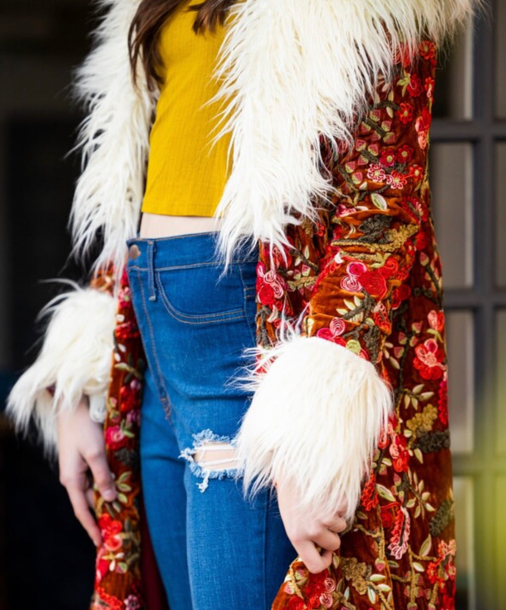 Penny Fresa Embroidered Silk Velvet Faux Fur Coat by Jennafer Grace
