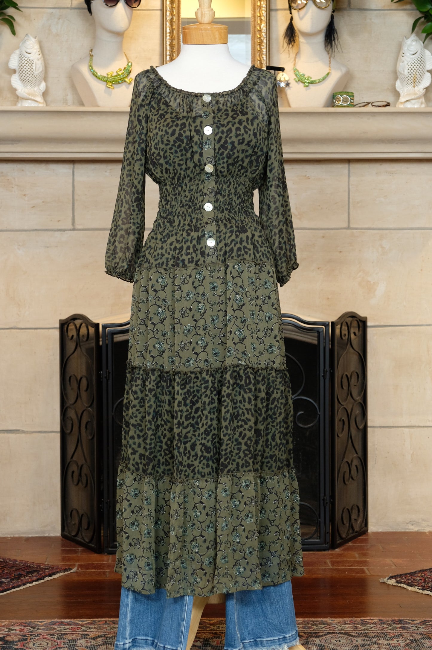 Emmy Dress in Green Leopard