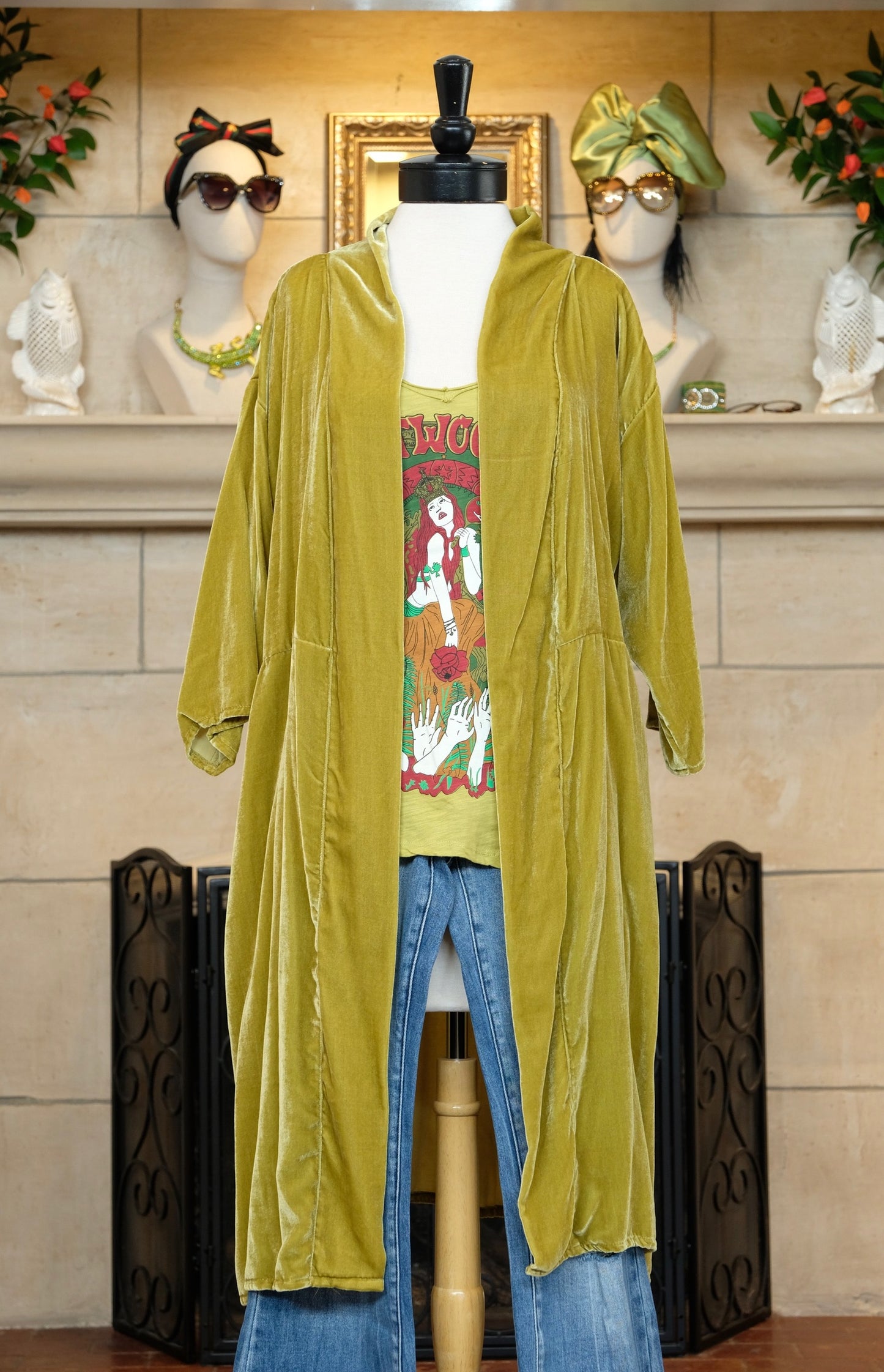 Chartreuse Vintage Silk Velvet Koi Duster by Jennafer Grace