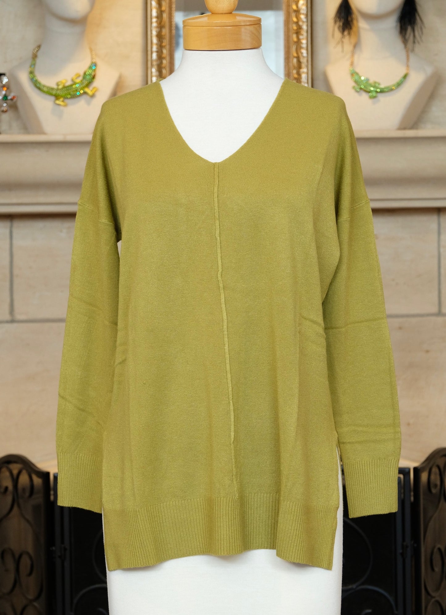 V Neck Sweater in Light Olive