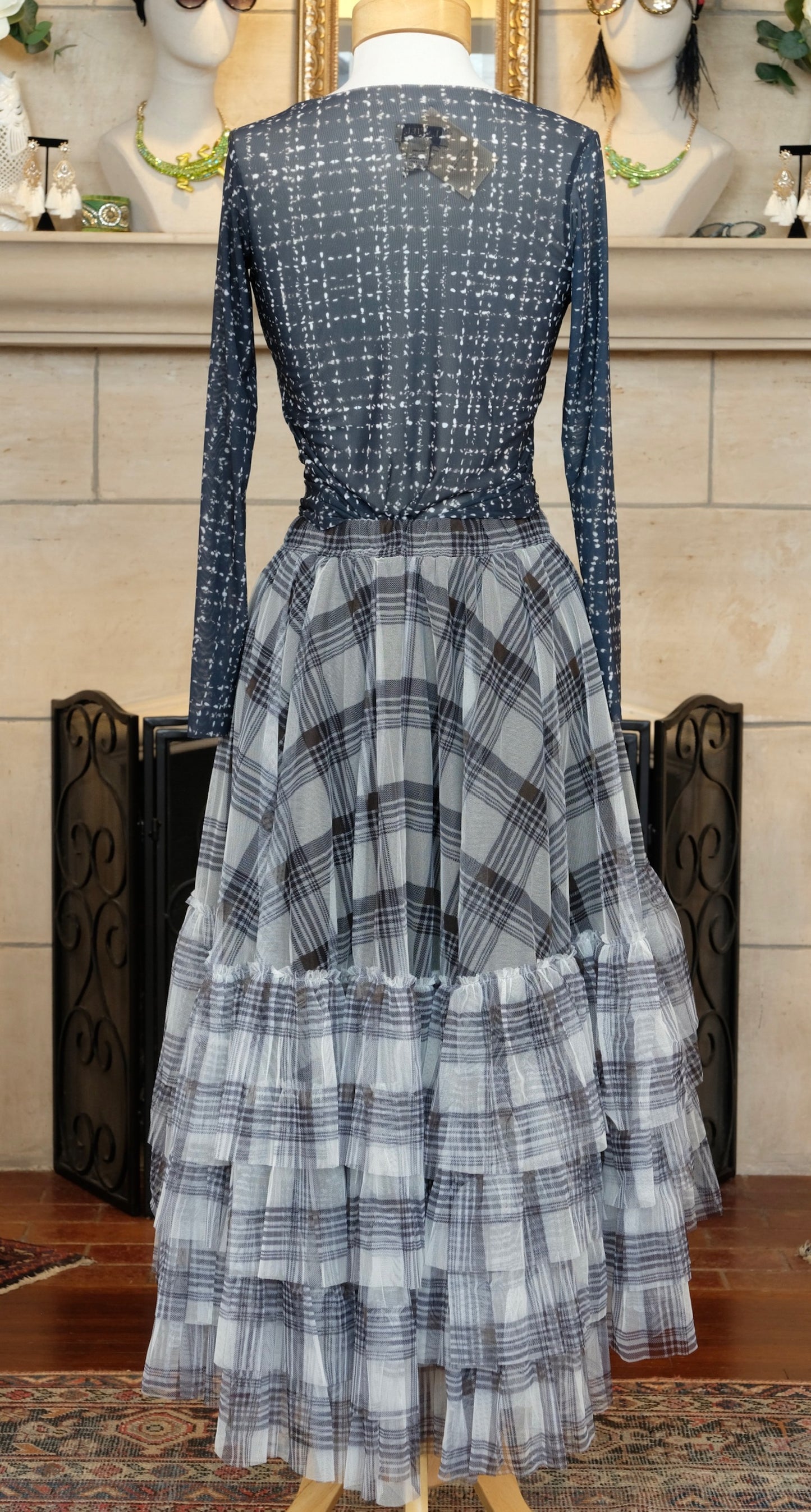 Grey Plaid Ruffle Tiered High-Low Tulle Skirt