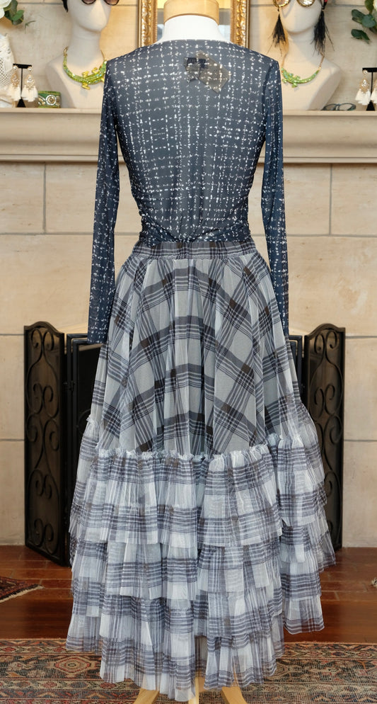Grey Plaid Ruffle Tiered High-Low Tulle Skirt