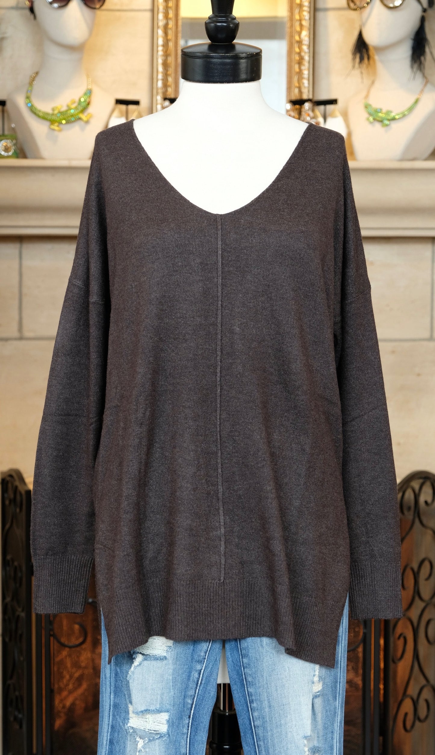 V Neck Sweater in Dark Charcoal