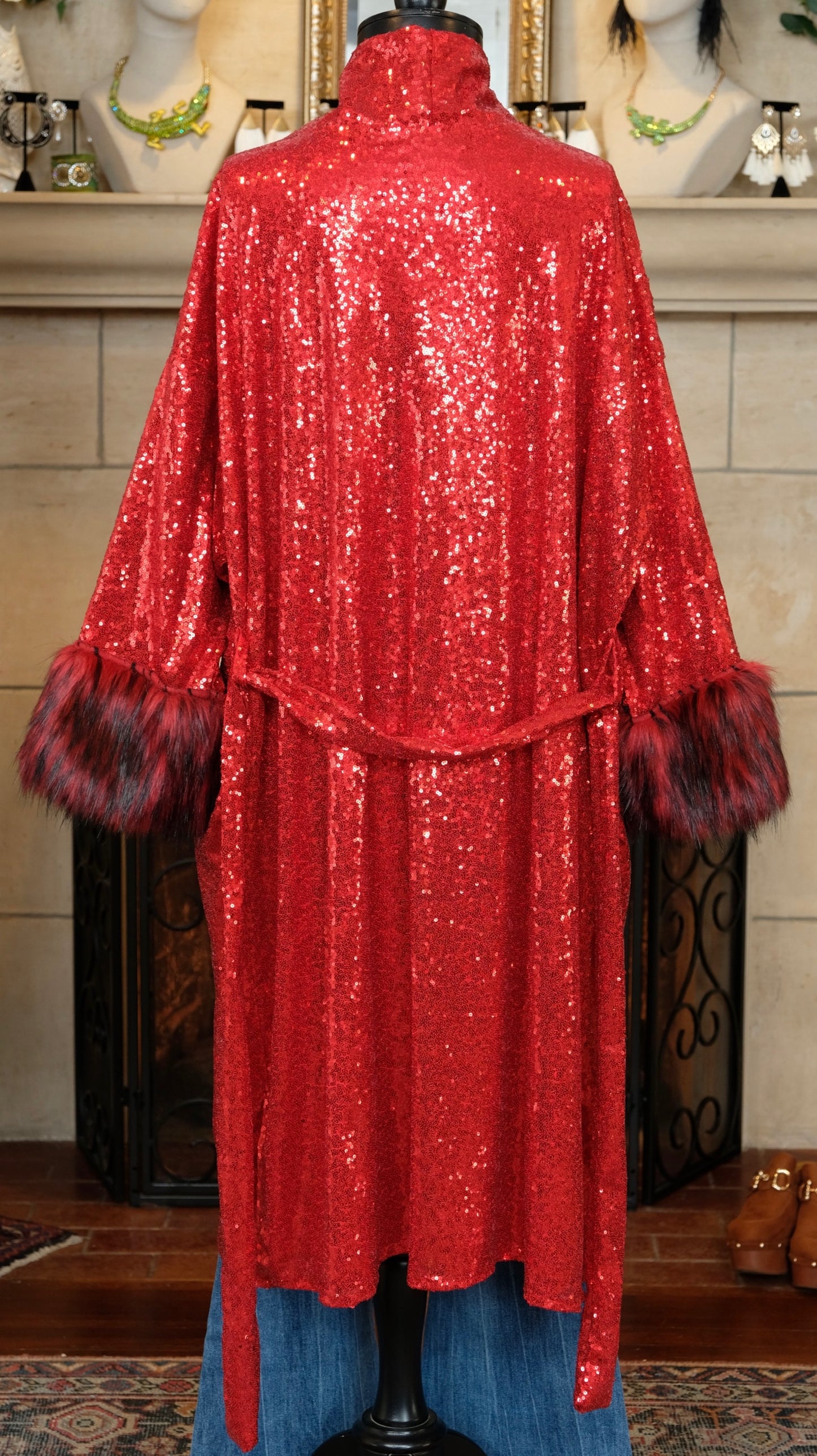 Red Sequin Faux Fur Koi Kimono by Jennafer Grace