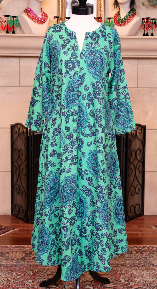 Paradise Dress in Green Blue Sea Cotton