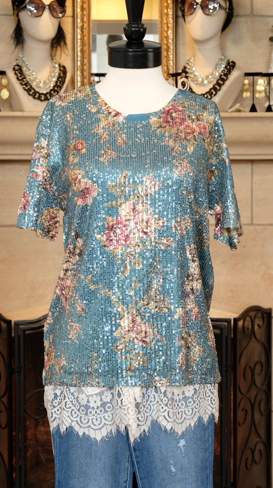 Sequin Rose Garden Tee in Blue