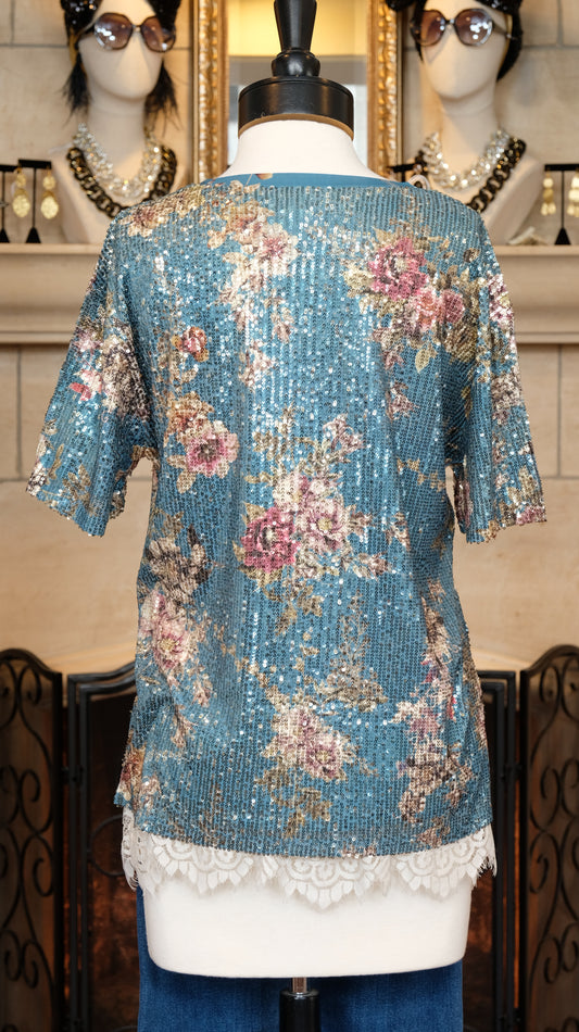 Sequin Rose Garden Tee in Blue