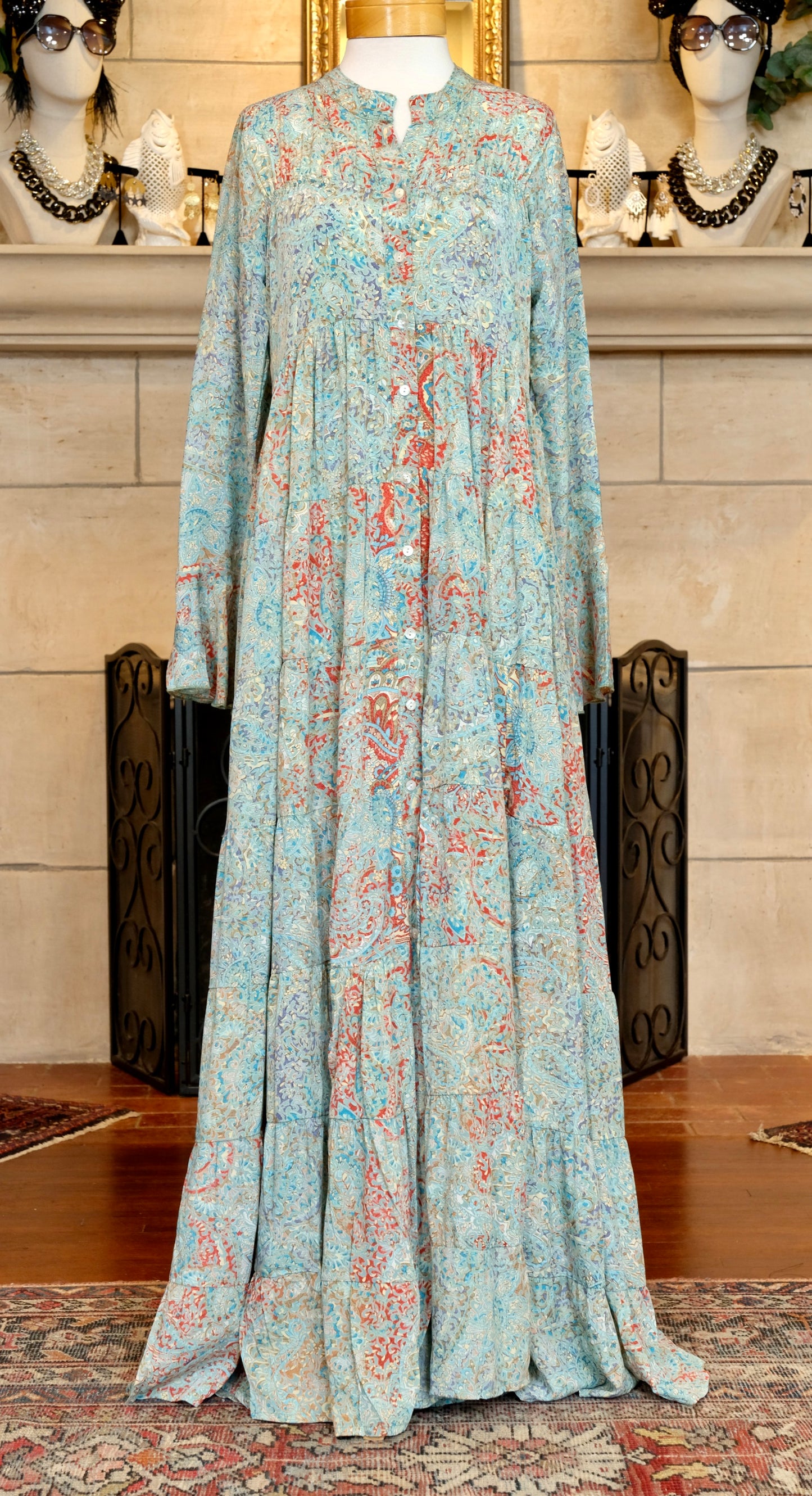 Thea Dress In Aqua & Coral Accents