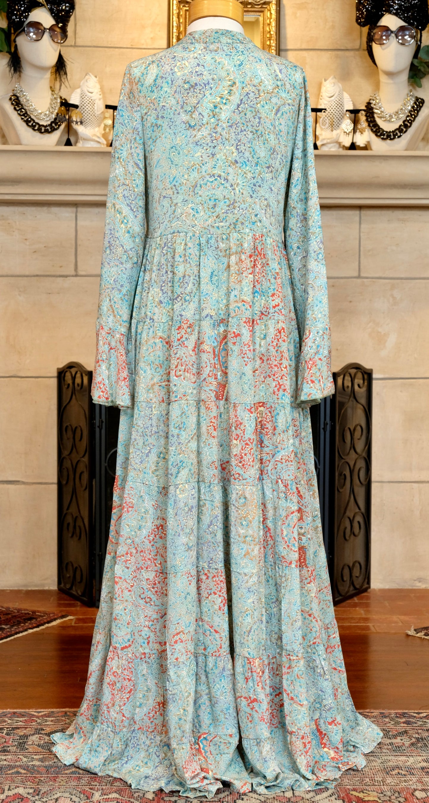 Thea Dress In Aqua & Coral Accents