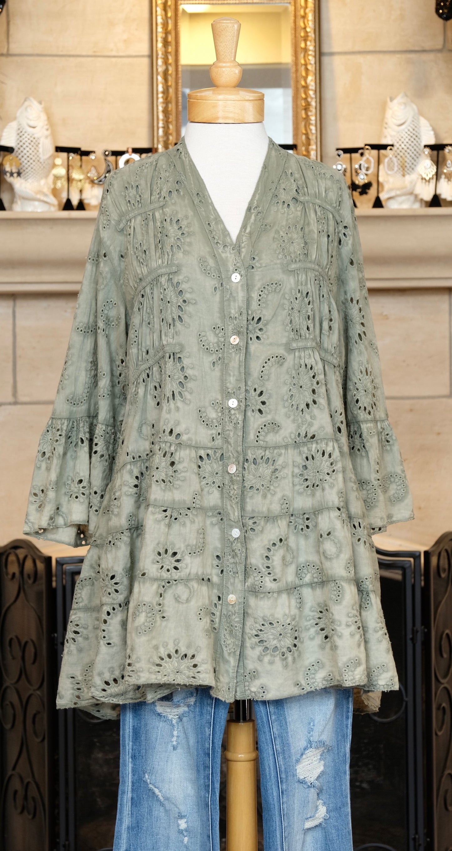 Star Flower Eyelet Tunic in Military Green