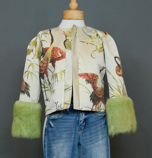 Bamboo Crane Faux Fur Cuff Jacket by Jennafer Grace
