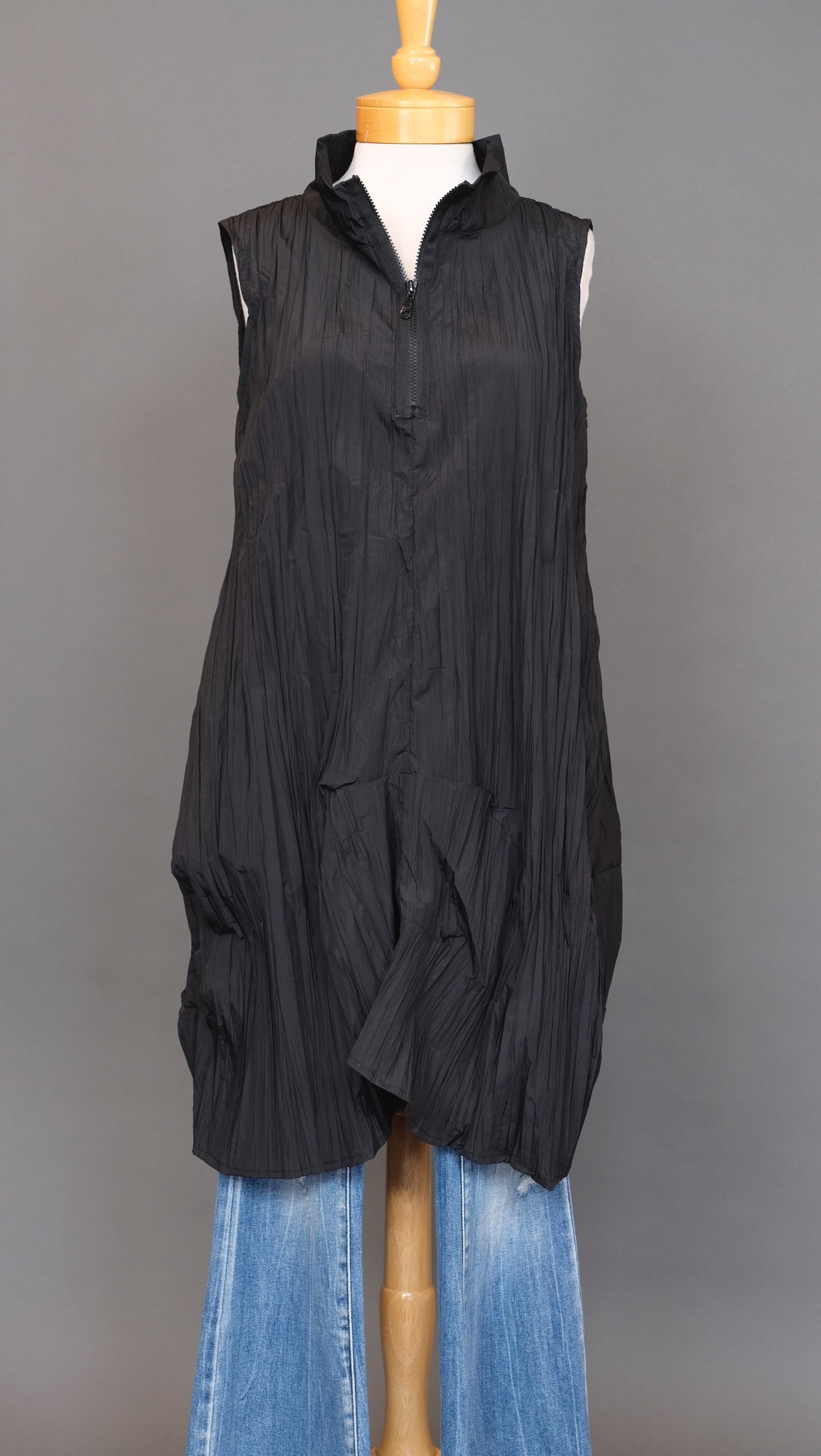 Origami Zipper Vest Dress in Black Krinkle