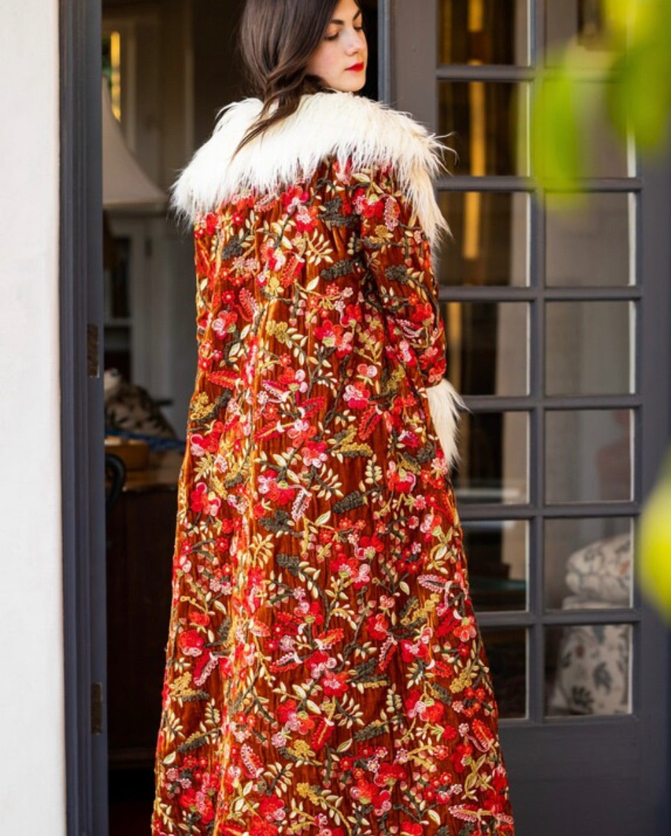 Penny Fresa Embroidered Silk Velvet Faux Fur Coat by Jennafer Grace