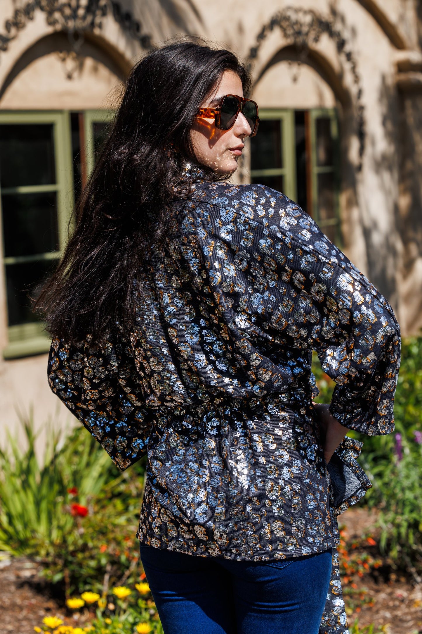 Leopard Sequin Dolman Wrap Kimono Top by Jennafer Grace