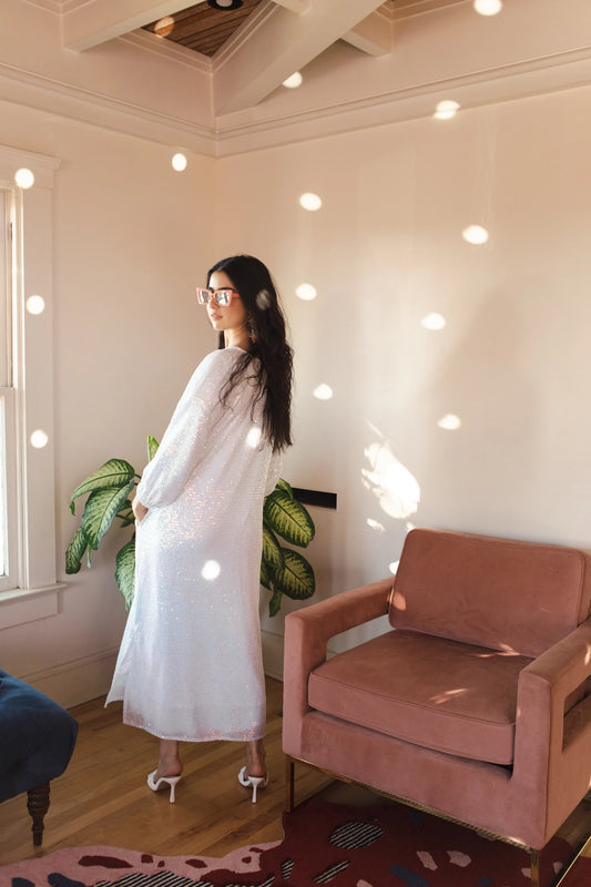 Moonstone Blanc Sequin Cocoon Jacket by Jennafer Grace