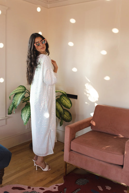 Moonstone Blanc Sequin Cocoon Jacket by Jennafer Grace