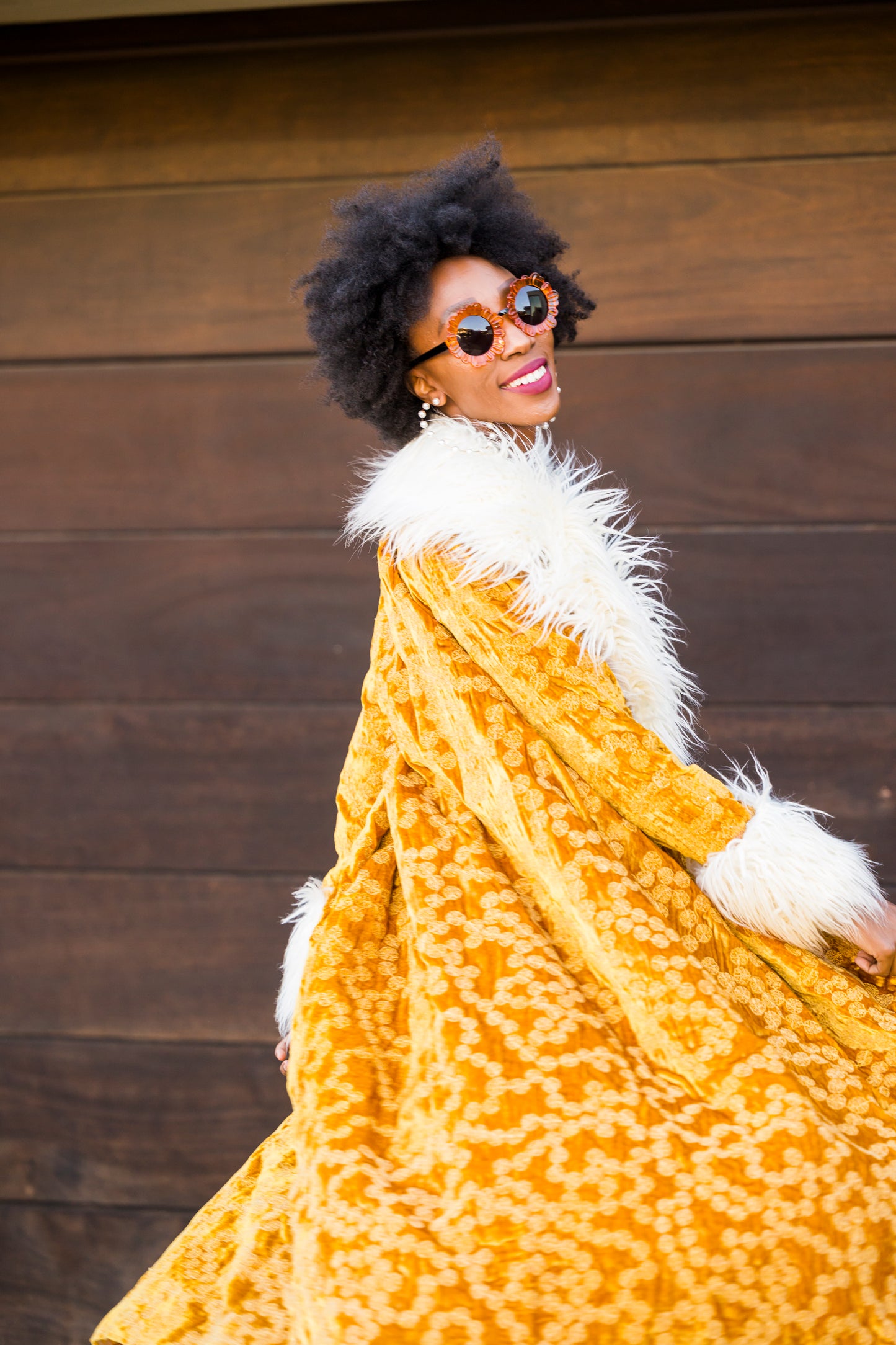 Penny Sunshine Embroidered Silk Velvet Faux Fur Coat by Jennafer Grace