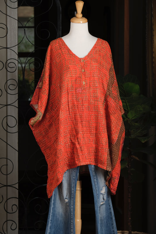 Kantha Button Top in Orange Maze