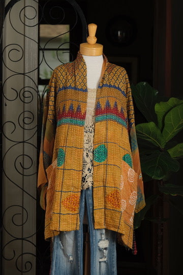 Silk Sleeve Kantha Jacket in Golden Tribe