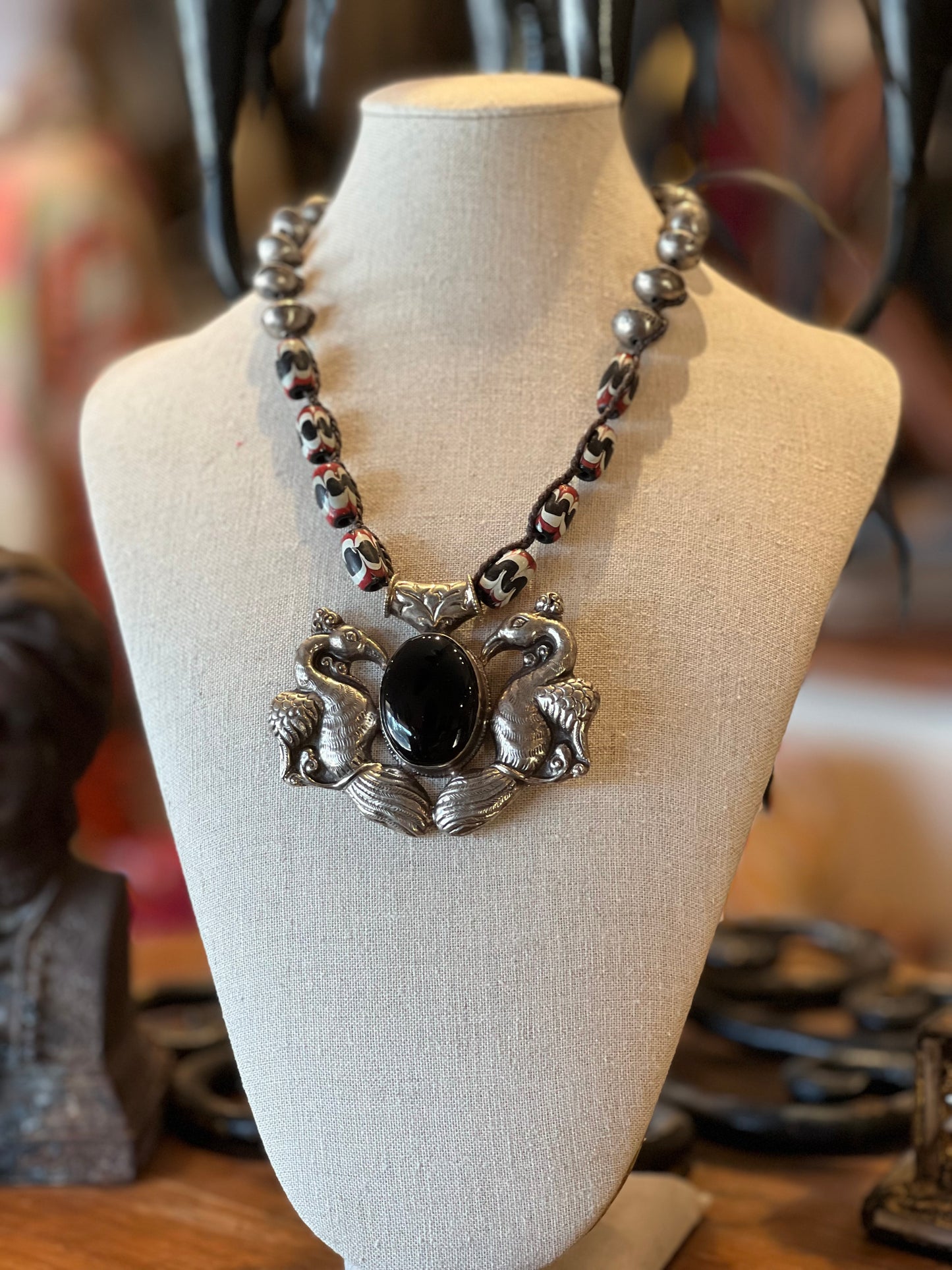 Double Onyx Peacock on Trade Beads 1233