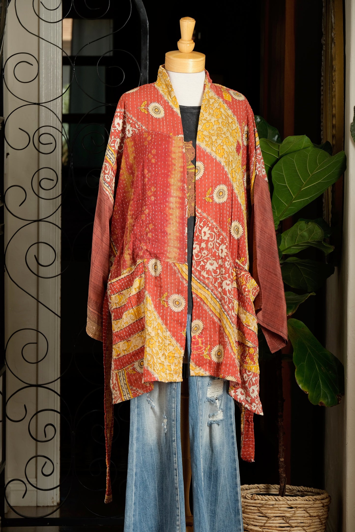 Silk Sleeve Kantha Jacket in Rusty Daisy