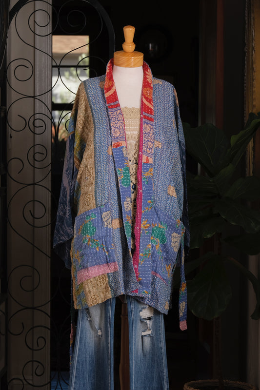 Silk Sleeve Kantha Jacket in Blue Earth