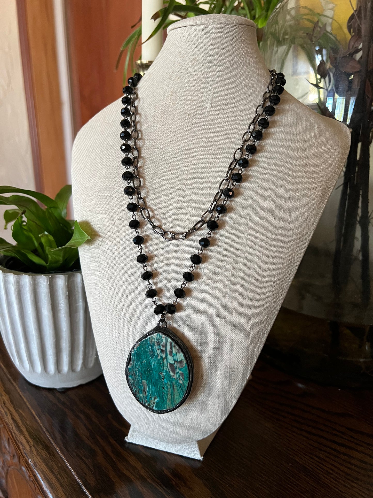 Smoky Turquoise Pendant Necklace Rosary Style