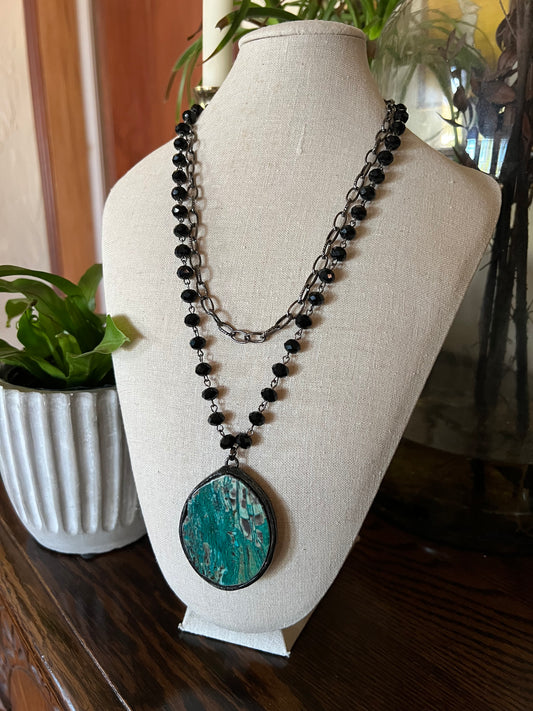 Smoky Turquoise Pendant Necklace Rosary Style