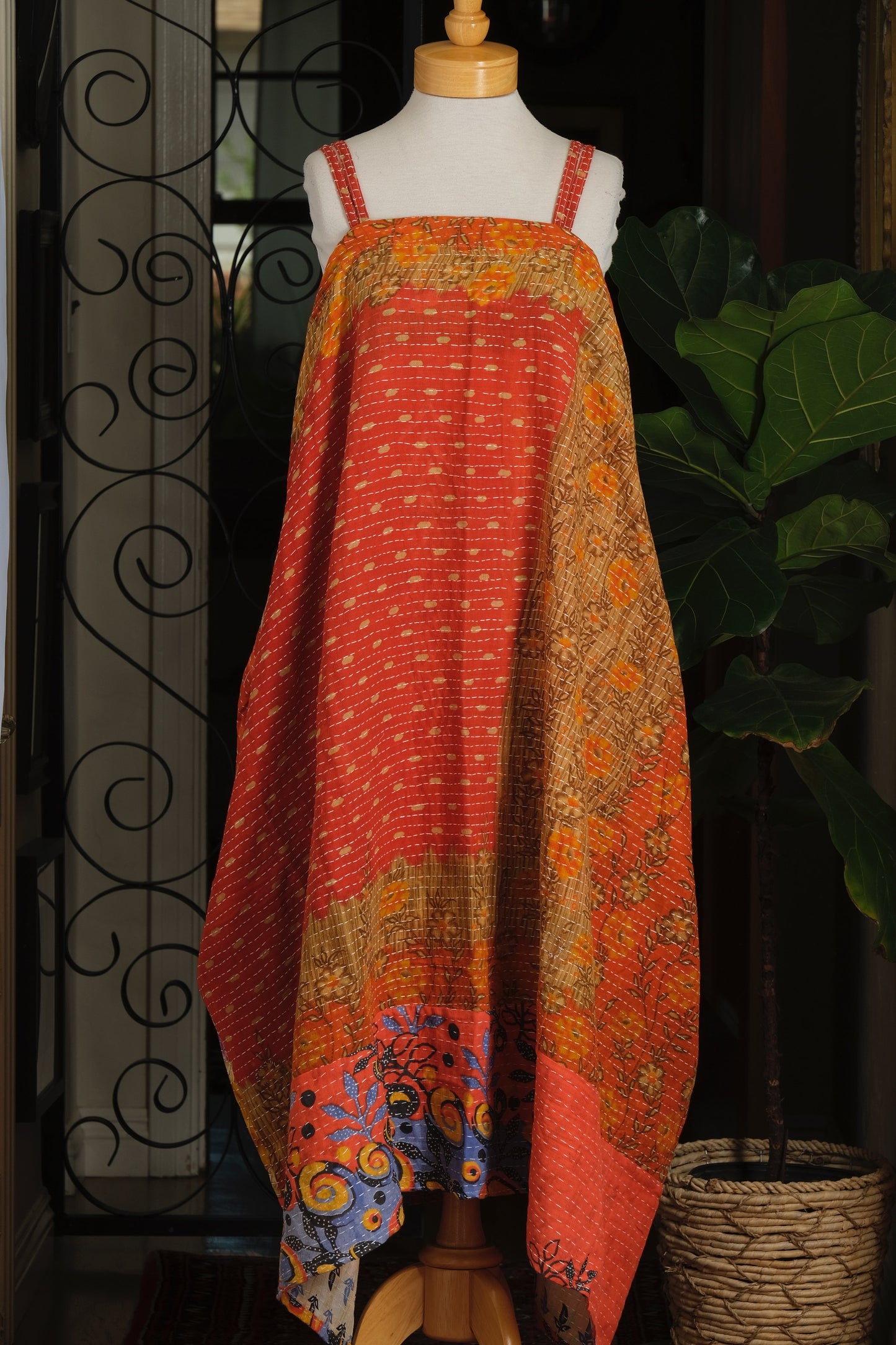 Kantha Maxi Dress in Orange Rose Garden