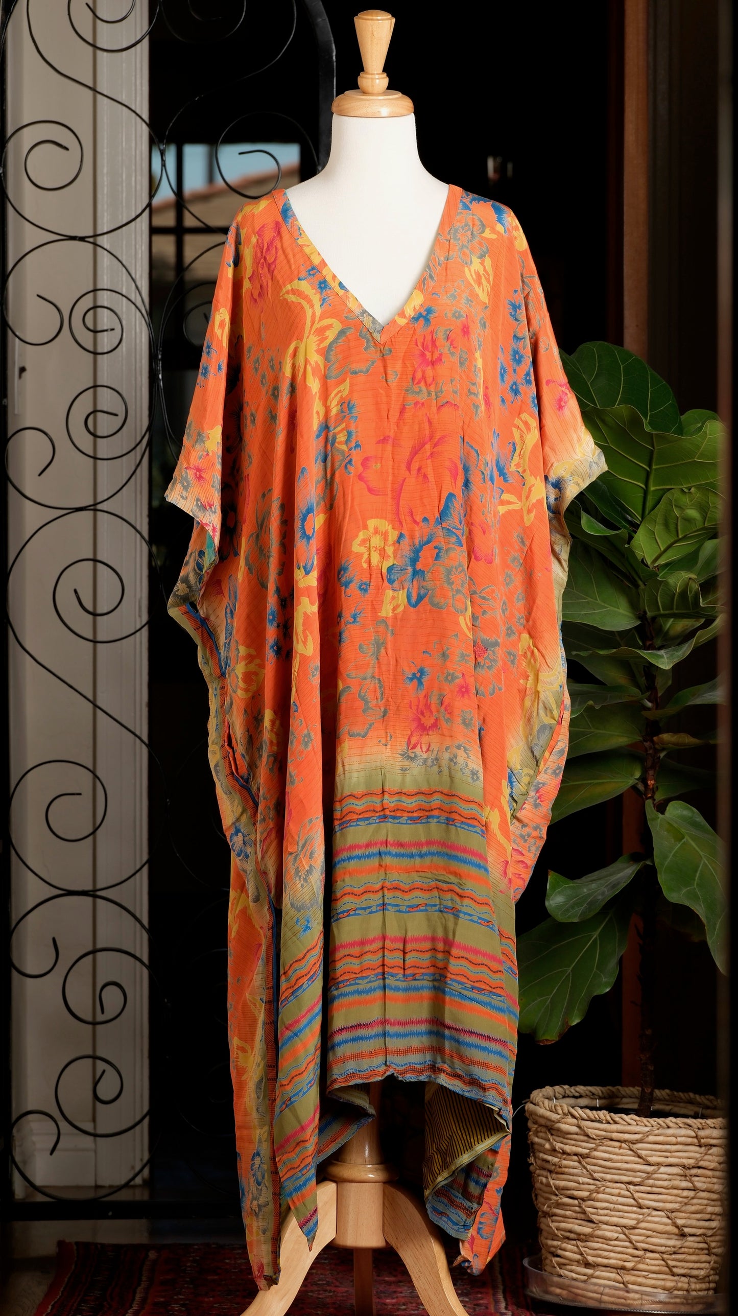 Caftan Reversible In Orange Stripe Floral