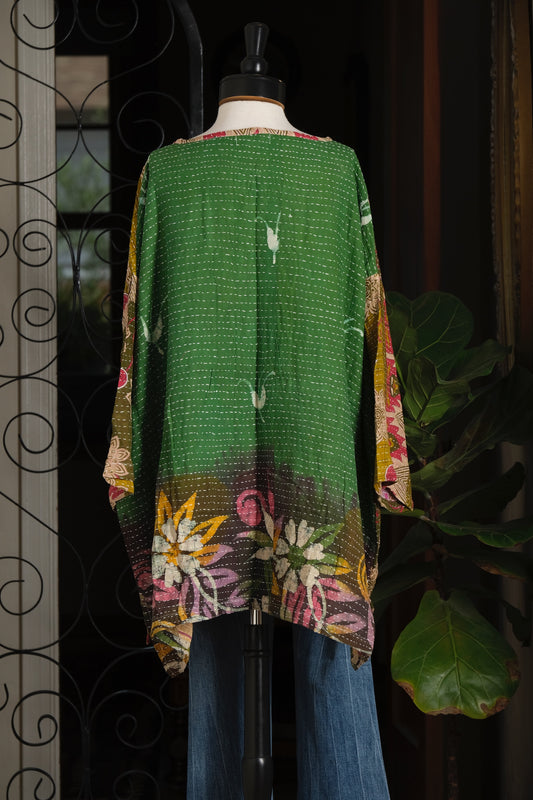 Kantha Pullover in Green Garden Path