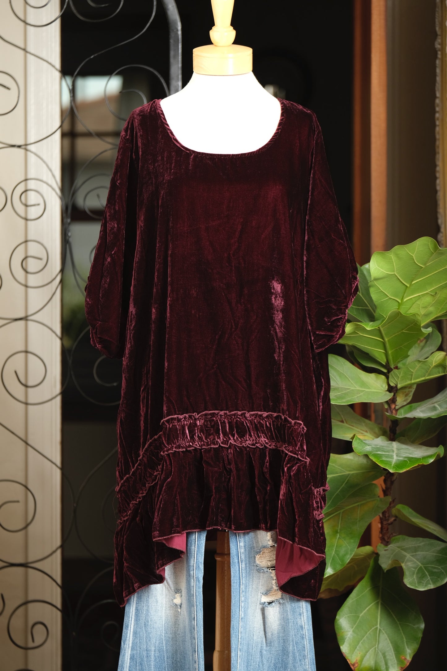 Velvet ruffle tunic in burgundy