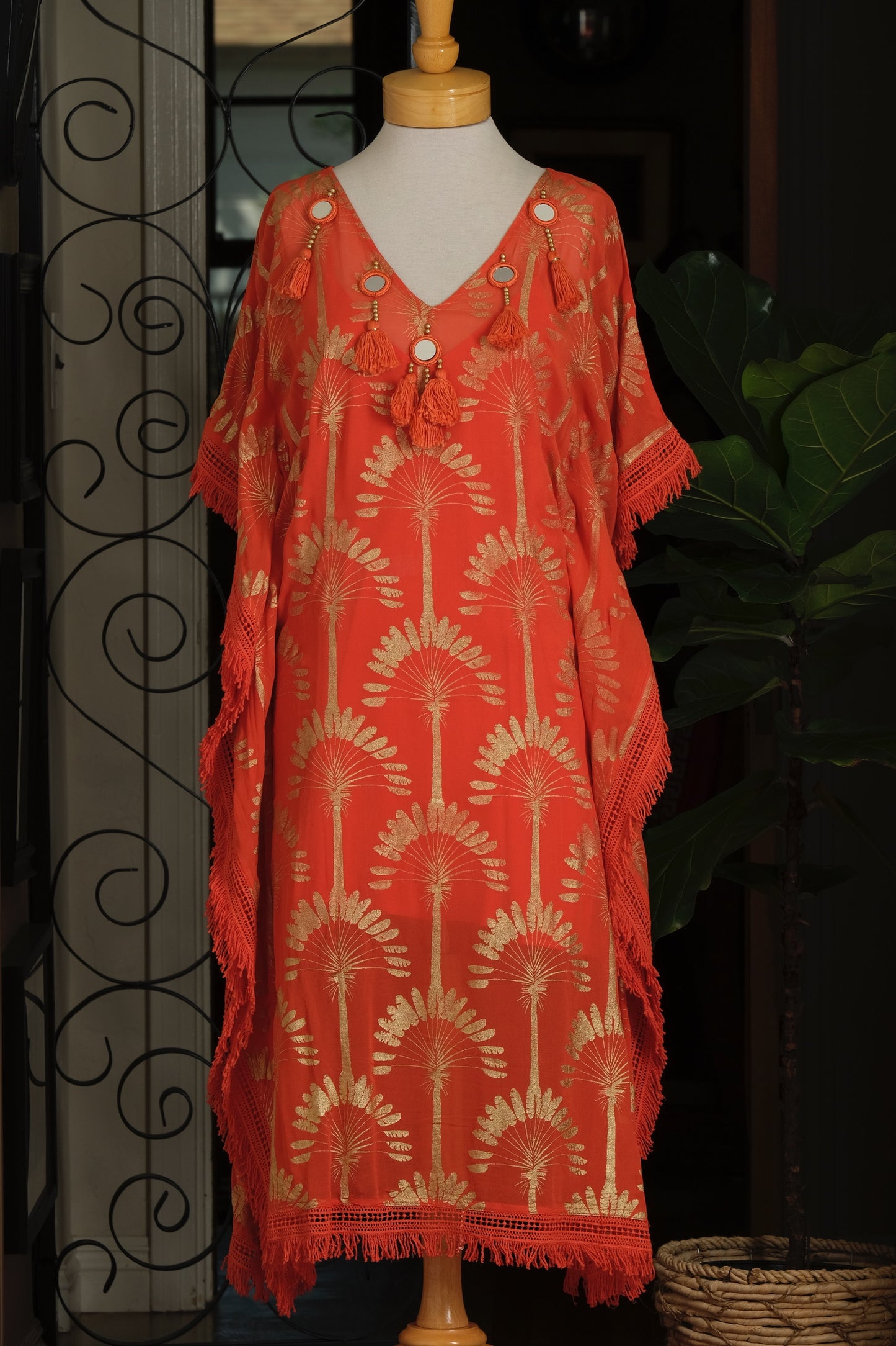 Deco Palm Caftan in Orange Gold