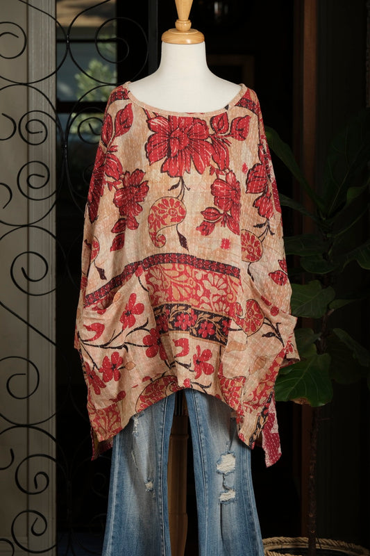 Kantha Dream Pullover in Red Hibiscus