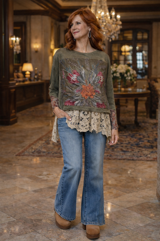 Crop Protea T-Shirt Long Sleeve in Pine