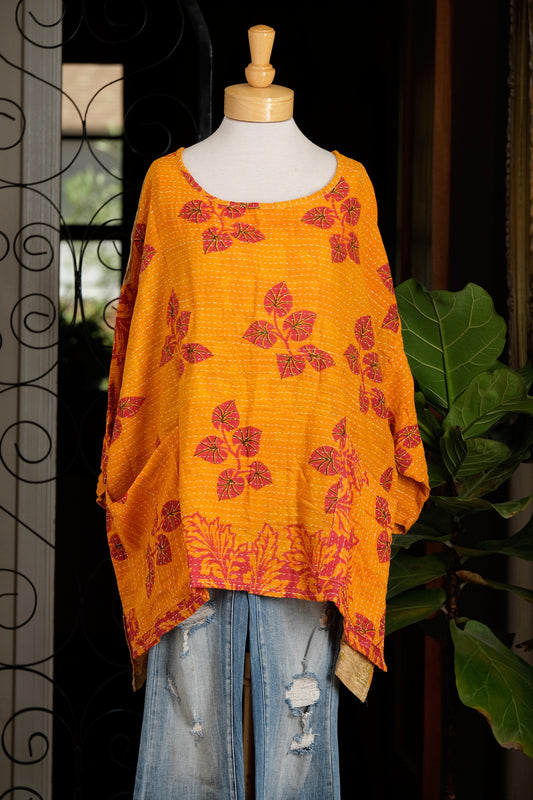 Kantha Pullover in Red Leaf Vine