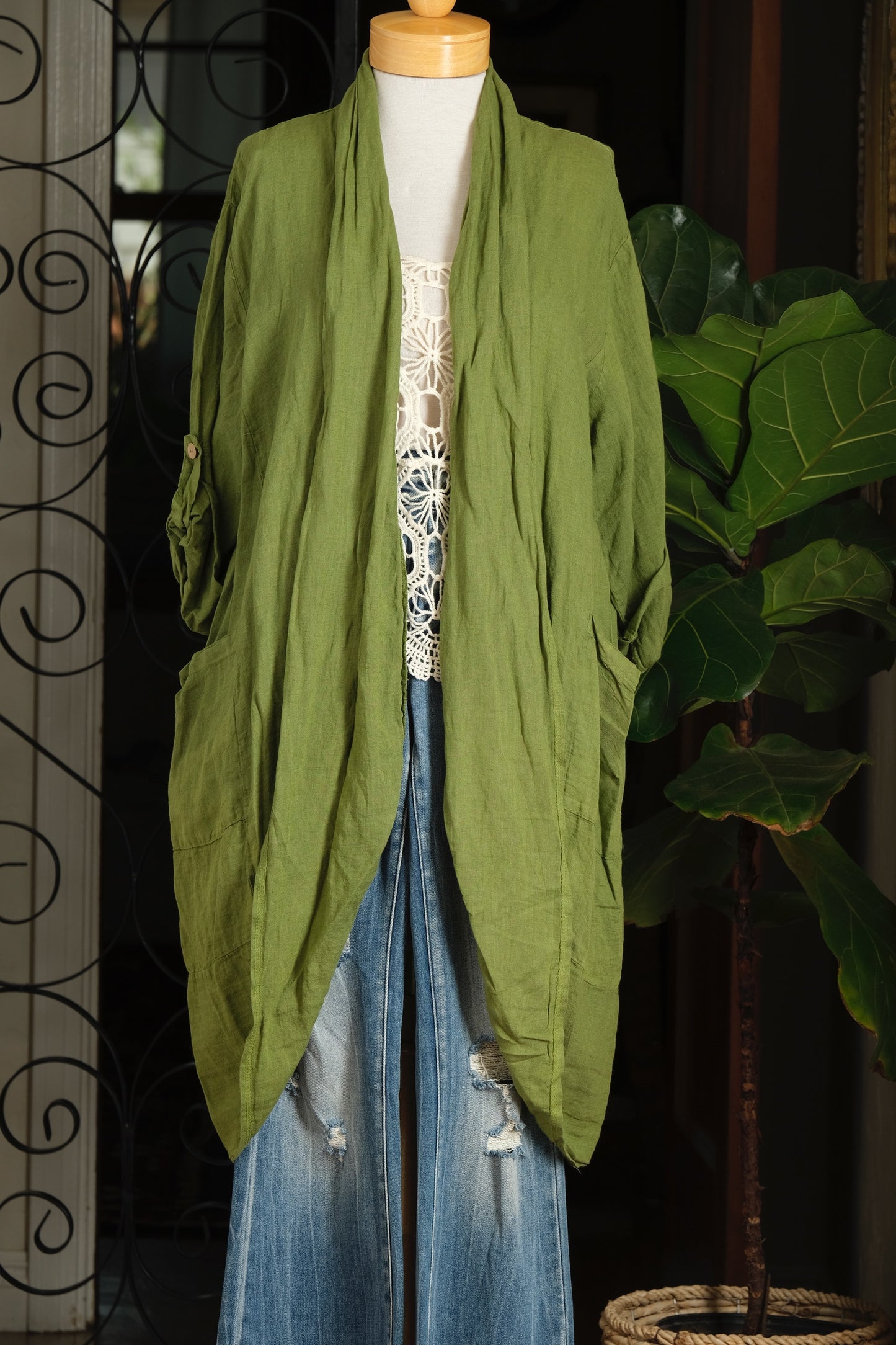 Classic Linen Duster in Chartreuse
