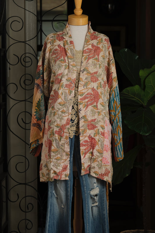 Silk Sleeve Kantha Jacket in Song Bird
