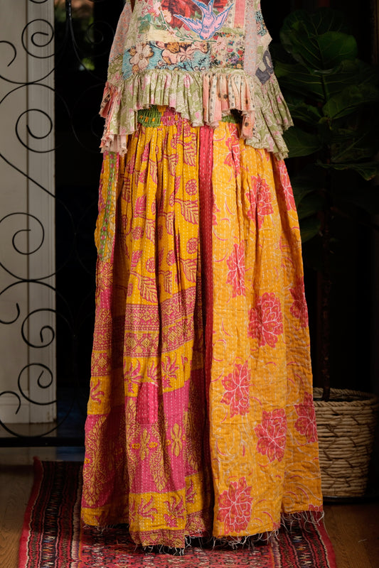 Kantha Maxi Skirt in Yellow Pink Flowers