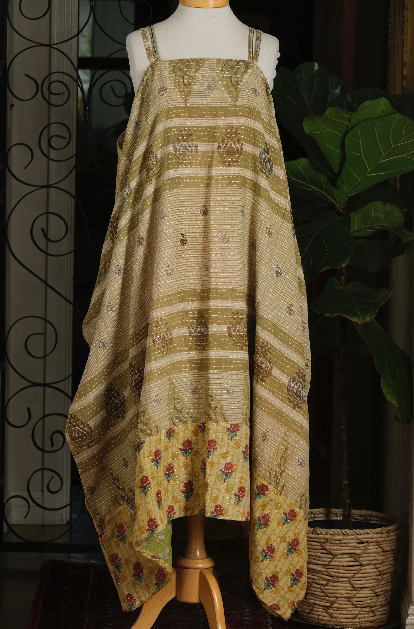 Kantha Maxi Dress in Olive Lotus
