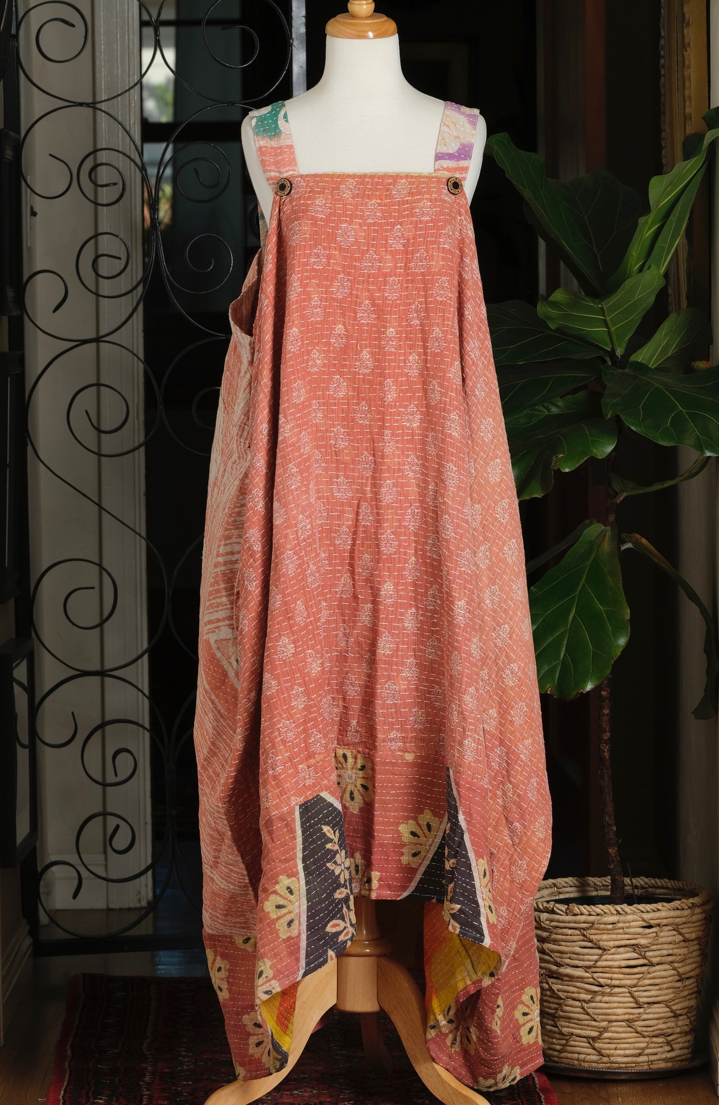 Button Kantha Maxi Dress in Terracotta Flower