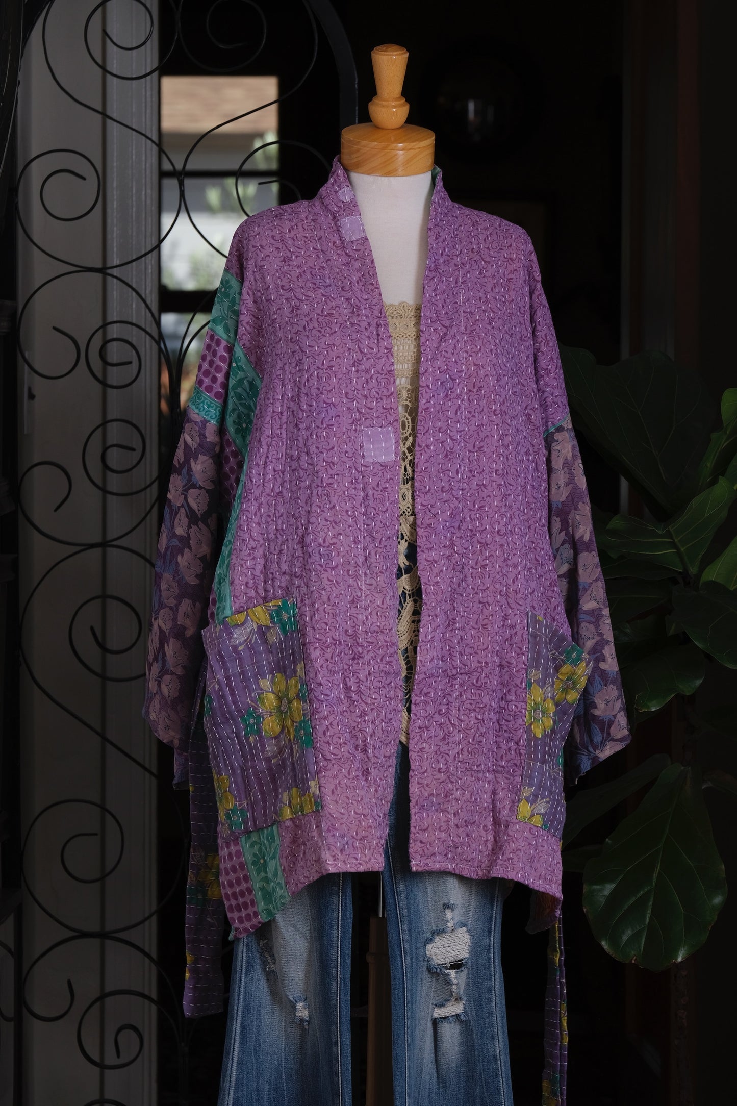 Silk Sleeve Kantha Jacket in Frida Lavender