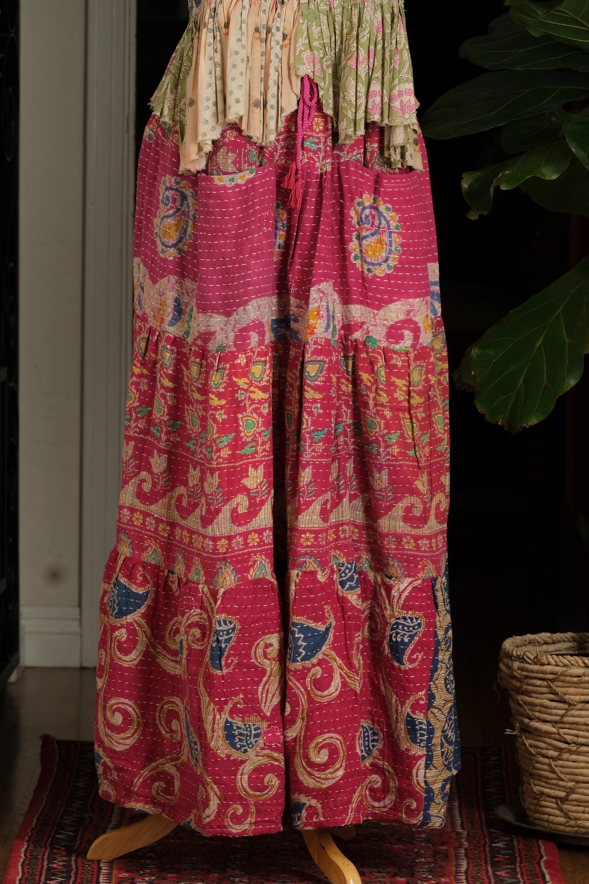 Kantha Pocket Skirt in Pink Green Heart