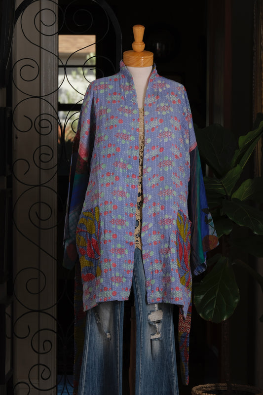 Silk Sleeve Kantha Jacket in Little Berry