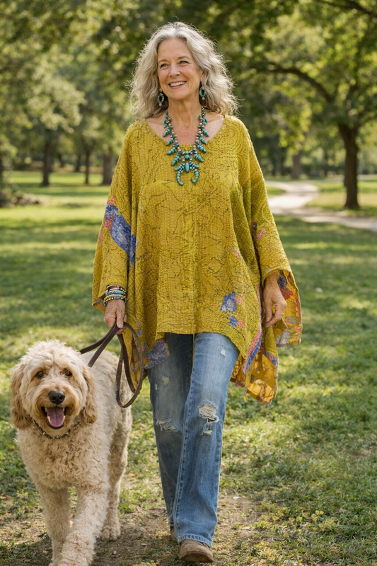 Kantha Dream Pullover in Chartreuse River