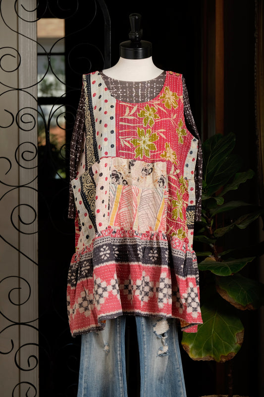 Kantha Pinafore Mini in Red Dot