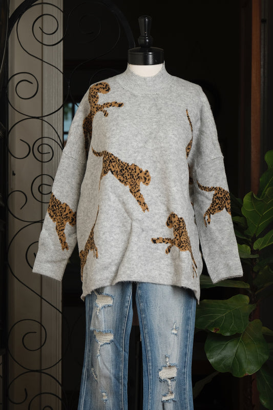 Leaping Leopard Sweater in Grey