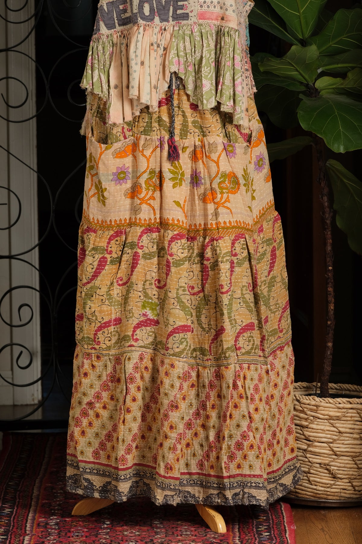 Kantha Pocket Skirt in Red Pepper